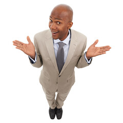 Confused, portrait and business man shrug for questions, hands or ask from above on isolated, transparent or png background. Top view, face and African guy with why emoji for decision, plan or choice