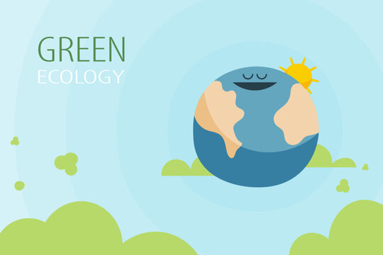 Green eco friendly of earth on blue sky background. Ecology and environment concept. Vector Illustration for Landing Page Template.