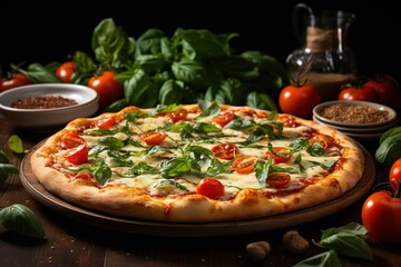 Obraz na płótnie Canvas Pizza with mozzarella, tomatoes, and basil on a wooden board