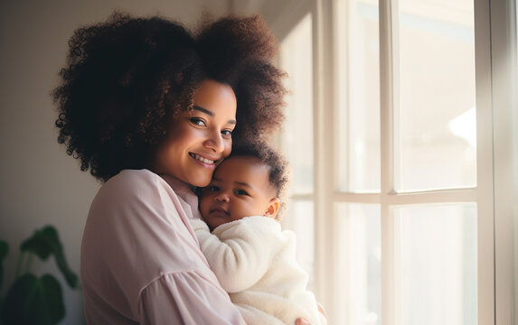 Black african american dark-skinned happy loving mother hugging her baby at home