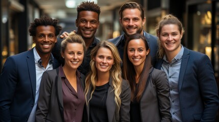 Successful business team, diverse, high energy, modern office, casual attire, teamwork and collaboration