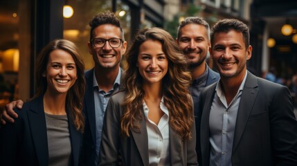 Fototapeta premium Successful business team, diverse, high energy, modern office, casual attire, teamwork and collaboration