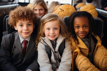 Obraz premium Student sitting on the seat looking at Confidence camera on the school bus