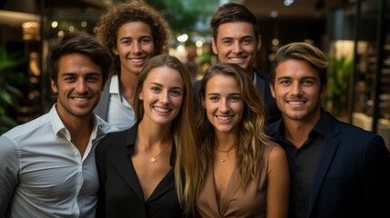 Successful business team, diverse, high energy, modern office, casual attire, teamwork and collaboration