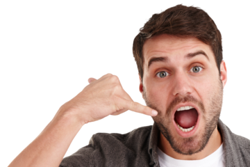 Phone call, surprise and hand gesture with portrait of man on png for news, announcement and communication. Shocked, shouting and wow with face of person isolated on transparent background for gossip