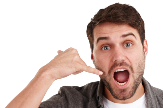 Phone call, surprise and hand gesture with portrait of man on png for news, announcement and communication. Shocked, shouting and wow with face of person isolated on transparent background for gossip