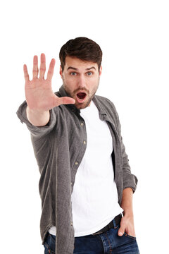 Portrait, man and stop hand warning, threat or limit control on isolated, transparent or png background. Face, palm and male model with wow, wait or dont emoji, order or forbidden, danger or protest