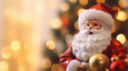 Close-Up of a Charming Santa Claus Doll Against a Bokeh of Festive Lights, a Magical Background for Christmas Day Celebration. Generative AI