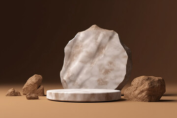 Brown stone product background stand or rock podium pedestal on advertising display with blank backdrops