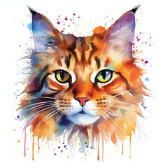 Dreamy Watercolor Cat Illustration on a White Canvas