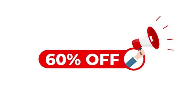 60% off discount label with megaphone animation on green screen chroma key. 60 percent price clearance sale price tag.