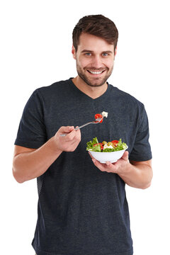 Man, Portrait And Eating A Healthy Salad For Nutrition, Vegan Diet And Isolated On Transparent Png Background. Happy Male Model, Bowl Of Food And Detox For Wellness Benefits, Breakfast Or Lose Weight