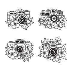Set of floral camera hand drawn vector