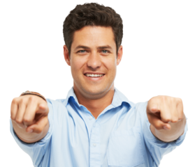Portrait of business man pointing you for winner, opportunity or success choice or competition. Hiring worker or person, finger and hand sign for recruitment isolated on png, transparent background