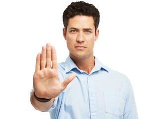 Hand, stop and protest with man in portrait, no entry sign and danger warning isolated on png...