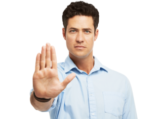 Hand, stop and protest with man in portrait, no entry sign and danger warning isolated on png transparent background. Male person, caution and censored, fight and voice, conflict and communication