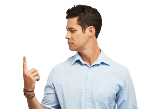 Business man, finger or spinning, idea and isolated on transparent png background. Professional, vision or person thinking, planning or insight, brainstorming or problem solving, question or solution