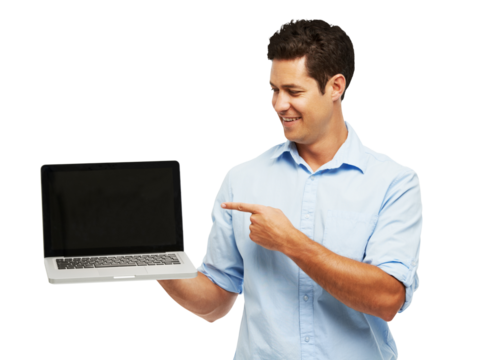 Business man, laptop screen and mockup presentation, advertising website or career application. Professional person pointing to computer for job marketing space isolated on png transparent background