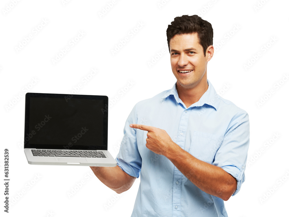 Poster business man, computer screen and presentation, software mockup or ux design for website. portrait o