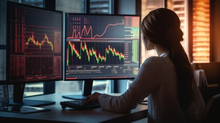 businesswoman stock financial specialist trader broker working with monitor screen with stock chart and indicator woman working hard to make decision for her risk and wealth management,ai generate - obrazy, fototapety, plakaty
