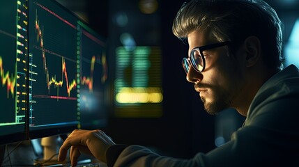 businessman stock financial specialist trader broker working with monitor screen with stock chart and indicator man working hard to make decision for risk and wealth management,ai generate