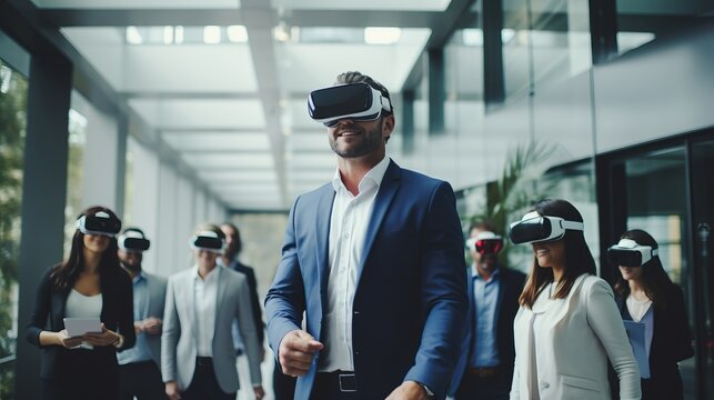Mature businessman wearing VR glasses in office business technology futuristic technology vr virtual with business software develop team testing experience while using vr device together,ai generate