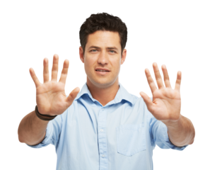 Stop, hands and portrait of man with warning, threat or limit control on isolated, transparent and png background. Protest, palm and face of male model with emoji, sign language, no and wait signal
