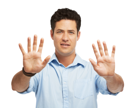 Stop, hands and portrait of man with warning, threat or limit control on isolated, transparent and png background. Protest, palm and face of male model with emoji, sign language, no and wait signal