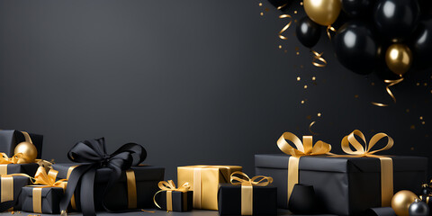 Black friday sale Background. Festive design of realistic black gifts box in black packaging on black background, black friday concept.