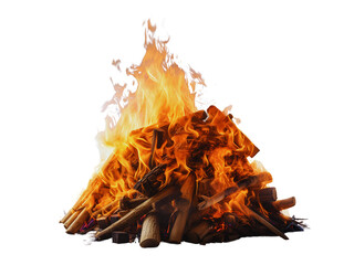 Beautiful burning big bonfire with flames cutout isolated on white background