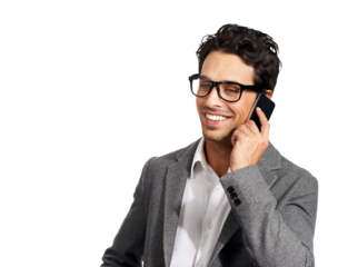 Phone call, happy and business man talking isolated on a transparent png background. Smartphone, smile or handsome professional in chat, conversation or communication, discussion and contact speaking