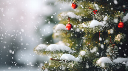 Fototapeta na wymiar Close-Up of Christmas Tree Garland Greenery with Blurred Background, Bokeh, and Falling Snow. Generative AI
