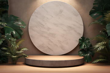 Circle wood and stone podium with calathea orbifolia flower backdrop for product