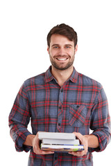 Man, smile in portrait and books with education, scholarship and knowledge isolated on png transparent background. Reading material, textbook and male student with studying, research and learning