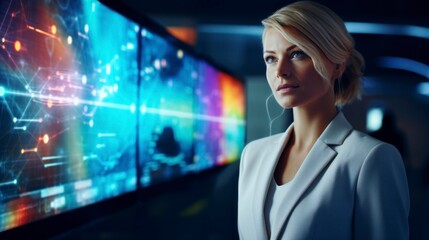 Obraz premium Elegant businesswoman using a futuristic holographic interface, technology, finance, vibrant colors