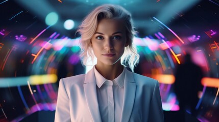 Elegant businesswoman using a futuristic holographic interface, technology, finance, vibrant colors