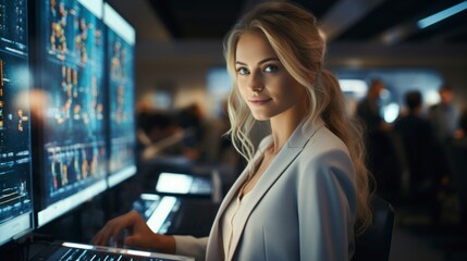 Fototapeta premium Elegant businesswoman using a futuristic holographic interface, technology, finance, vibrant colors