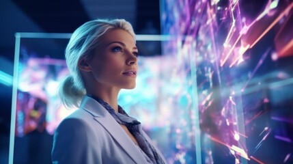 Elegant businesswoman using a futuristic holographic interface, technology, finance, vibrant colors