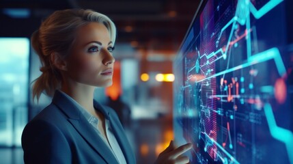 Naklejka premium Elegant businesswoman using a futuristic holographic interface, technology, finance, vibrant colors