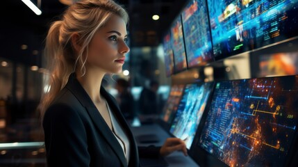Elegant businesswoman using a futuristic holographic interface, technology, finance, vibrant colors