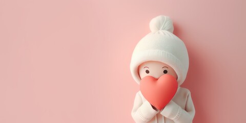 cute stuffed doll toy standing on pink background, love and lifestyle concept, playful with copy space for text