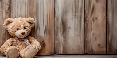 Vintage teddy bear on wooden wall background. Cute toy in retro modern setting. Lovely decoration