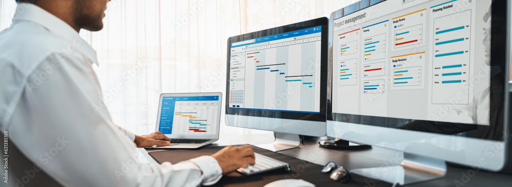 Poster project manager planning schedules for business task on office using gantt chart software display on