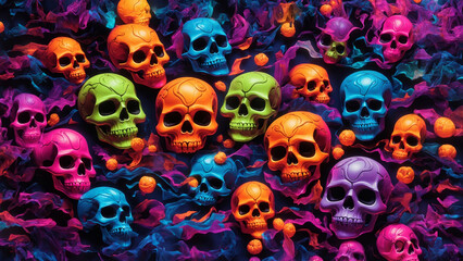 halloween background with colorful neon skulls 