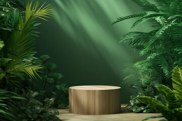 Circle wood pedestal in tropical forest for product presentation and green wall