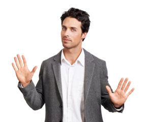 Portrait, hands and man with reject, no and promotion isolated on a transparent background. Face, male person and model with gesture, showing and stop with png, warning and protest with emoji