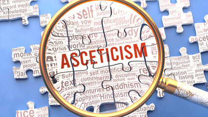 Asceticism being closely examined along with multiple concepts and ideas directly related to Asceticism. Many parts of a puzzle forming one, connected whole.,3d illustration