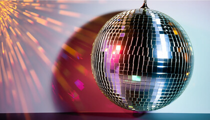 disco ball on a blue background, vibrant and energetic graphic featuring a disco ball in full swing. The composition incorporates neon colors and dynamic light,Ai Generate 
