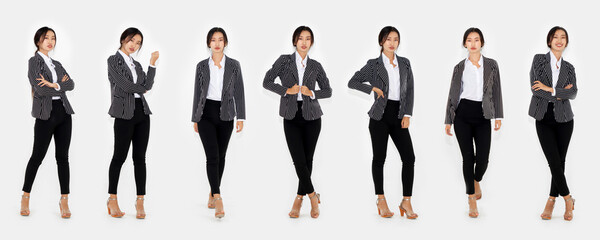 Different pose of same Asian woman full body portrait set on white background wearing formal business suit in studio collection . Jivy - obrazy, fototapety, plakaty