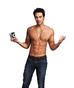 Shirtless, photographer and portrait of man with a camera, film or picture with body on transparent, isolated or png background. Vintage, photography and handsome cameraman or sexy person with muscle